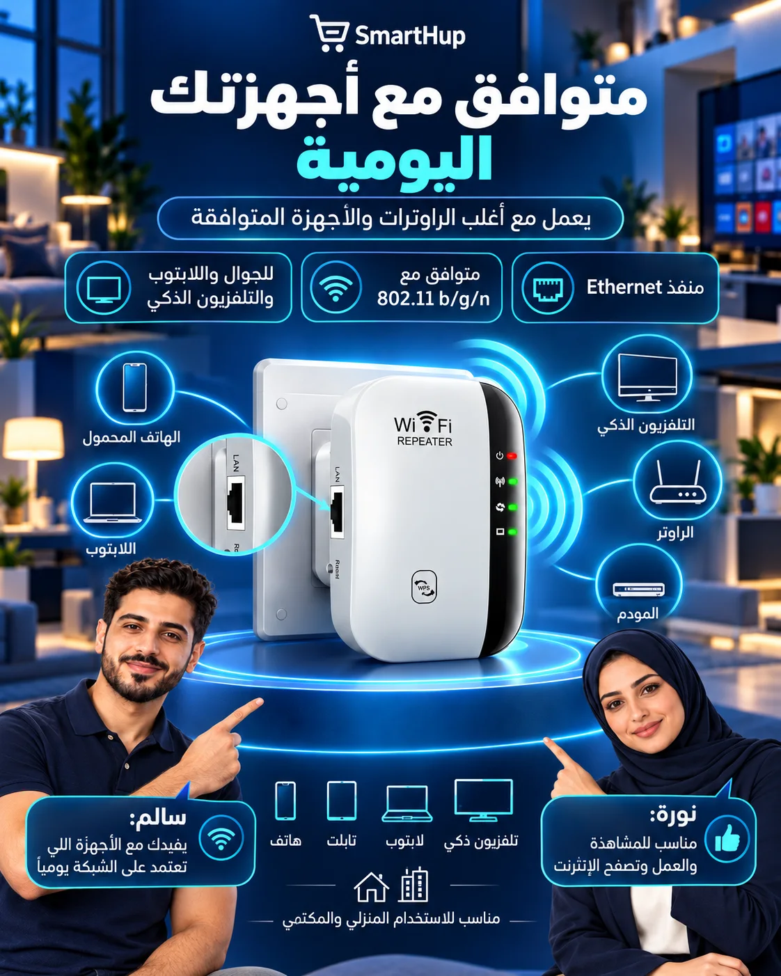 توافق المقوّي مع الهواتف والحواسيب والتلفزيون الذكي وأجهزة 802.11b/g/n