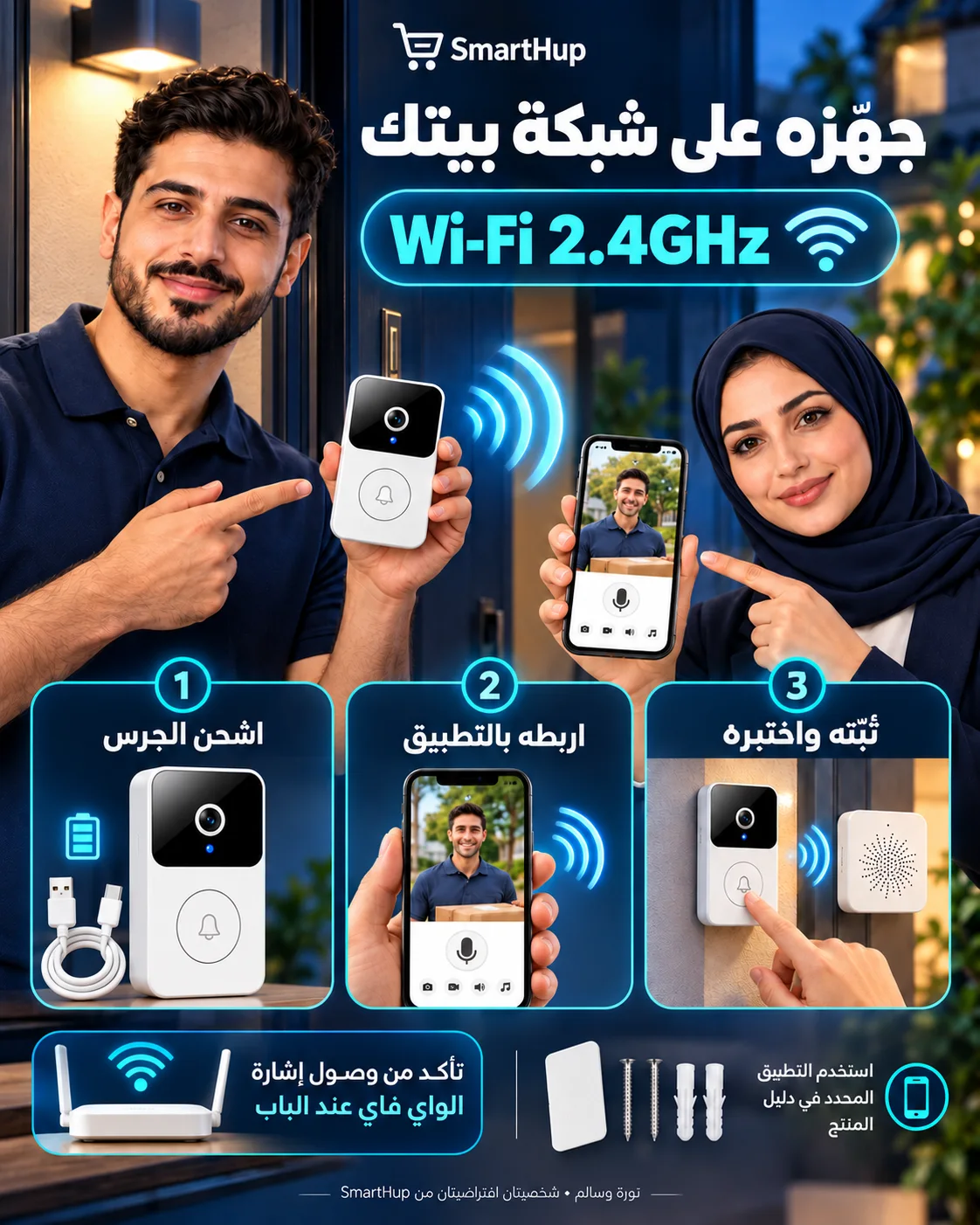 جرس باب ذكي بكاميرا Wi‑Fi M8 مع محادثة ثنائية ورؤية ليلية