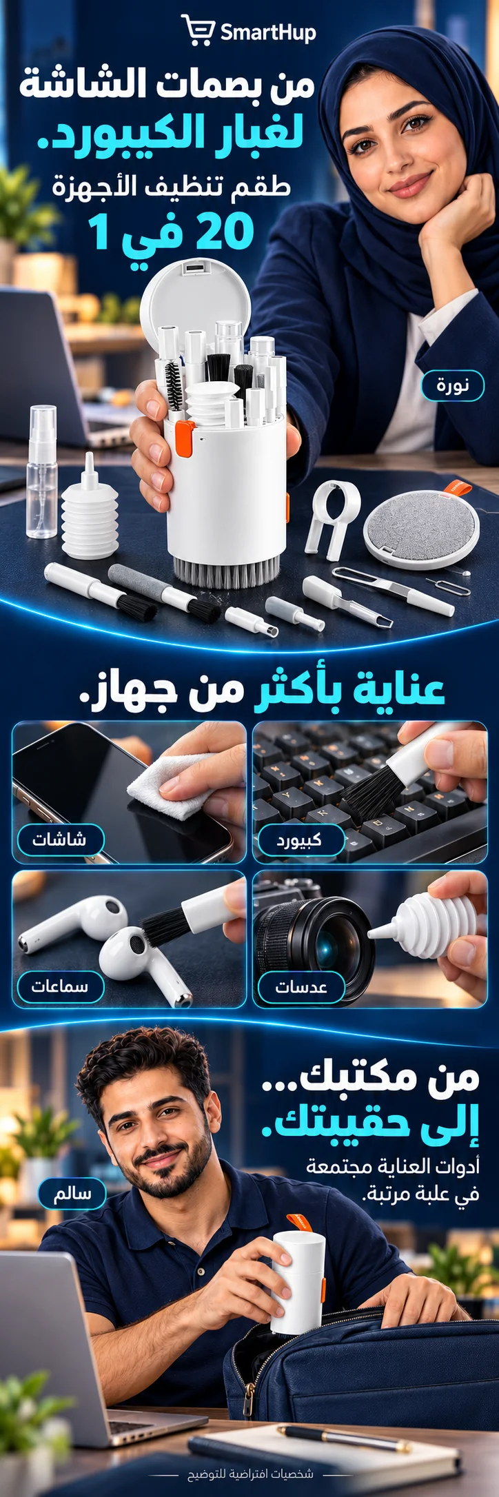 طقم تنظيف الأجهزة 20 في 1 من SmartHup: استخدامات الشاشات والكيبورد والسماعات والعدسات مع نورة وسالم