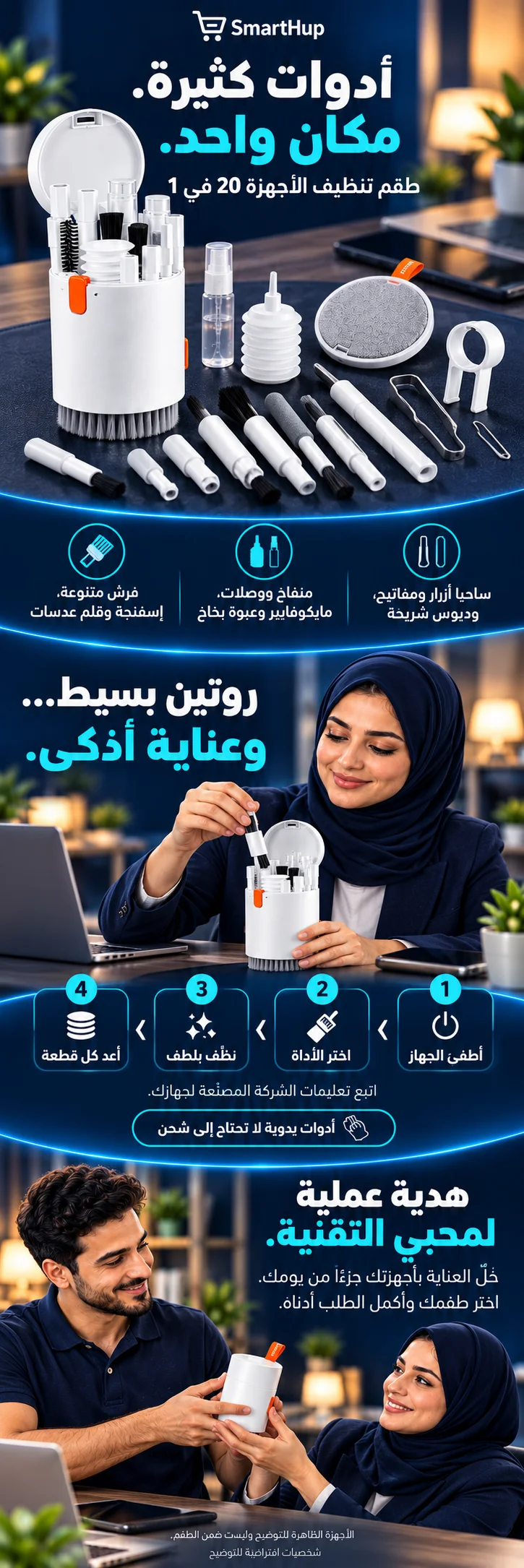 محتويات طقم التنظيف 20 في 1 وتنظيم الأدوات وخطوات العناية وفكرة هدية لمحبي التقنية