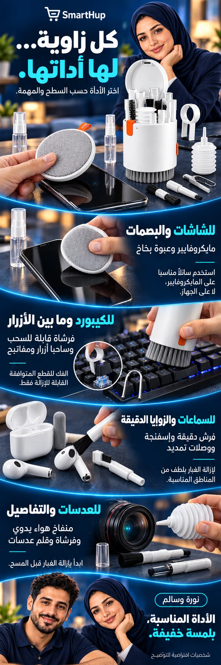 دليل اختيار أدوات طقم التنظيف: المايكروفايبر والفرشاة وساحبا الأزرار والمفاتيح وأدوات السماعات ومنفاخ العدسات