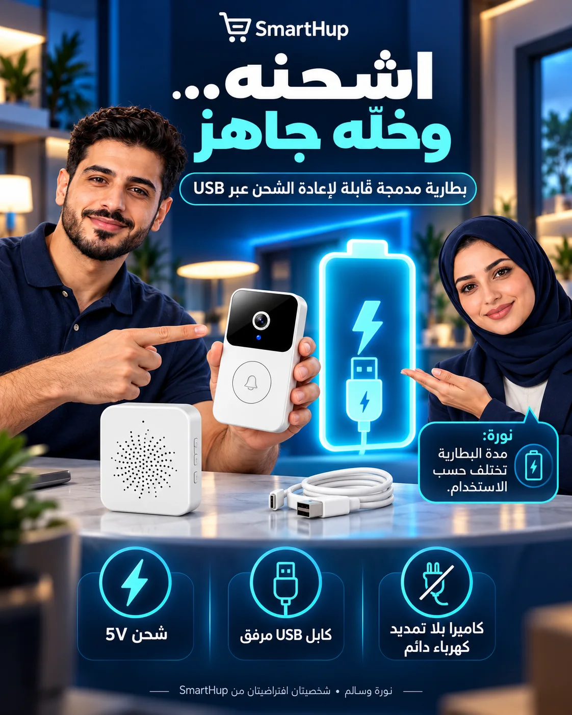 جرس باب ذكي بكاميرا Wi‑Fi M8 مع محادثة ثنائية ورؤية ليلية
