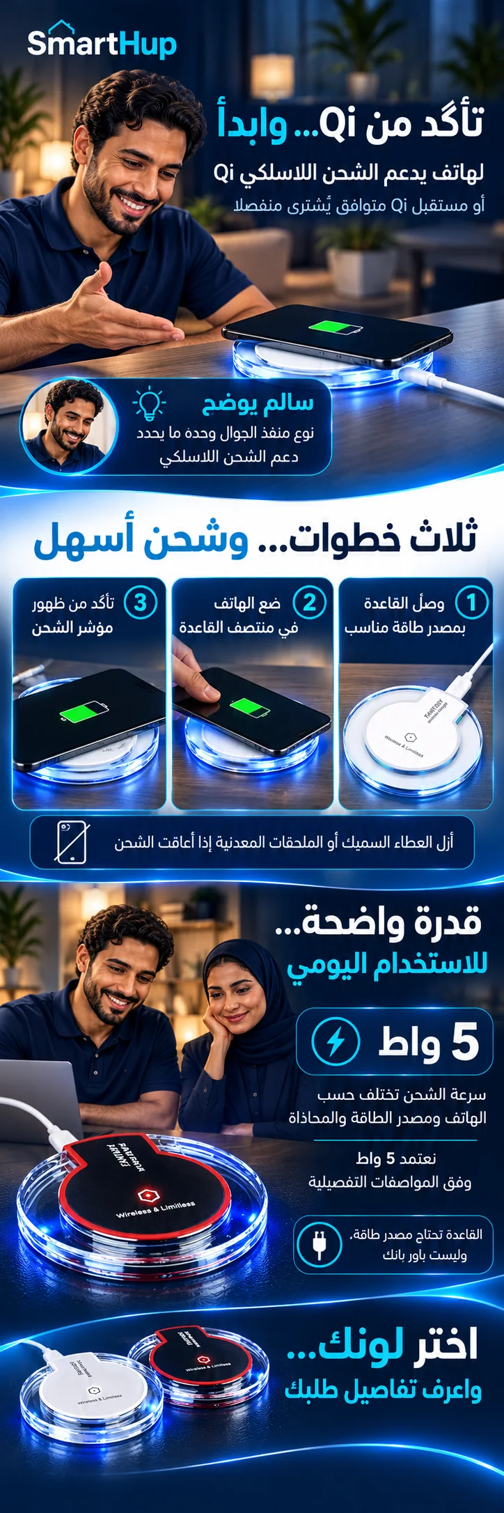 توافق الهاتف مع Qi وطريقة وضعه في منتصف قاعدة الشحن وتوصيلها بالطاقة