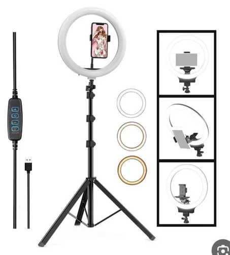رينج لايت احترافي بإضاءة LED قوية يمنحك صورًا وفيديوهات بجودة استوديو**⭐ 3 أوضاع إضاءة (أبيض - طبيعي - دافئ) مع تحكم كامل في السطوع**