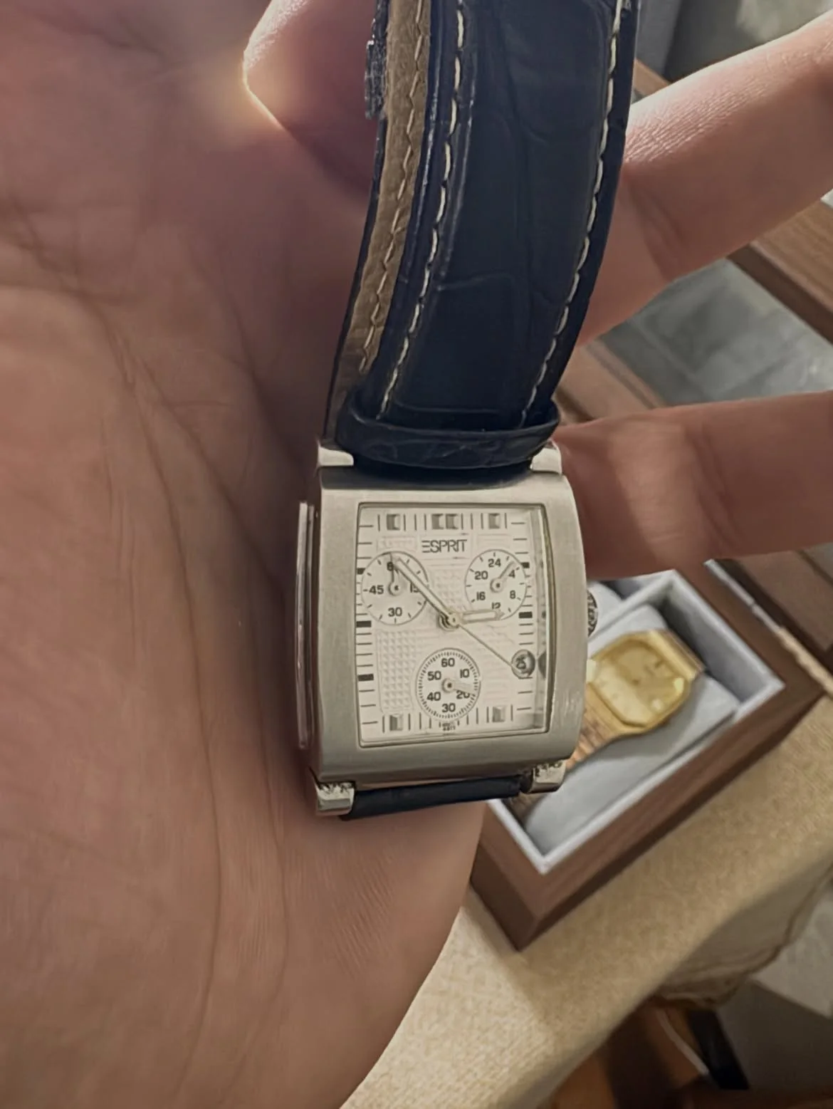 ✅ESPIT✅ Esprit tank chronograph watch featuring a distinctive rectangular stainless steel case and a black leather strap