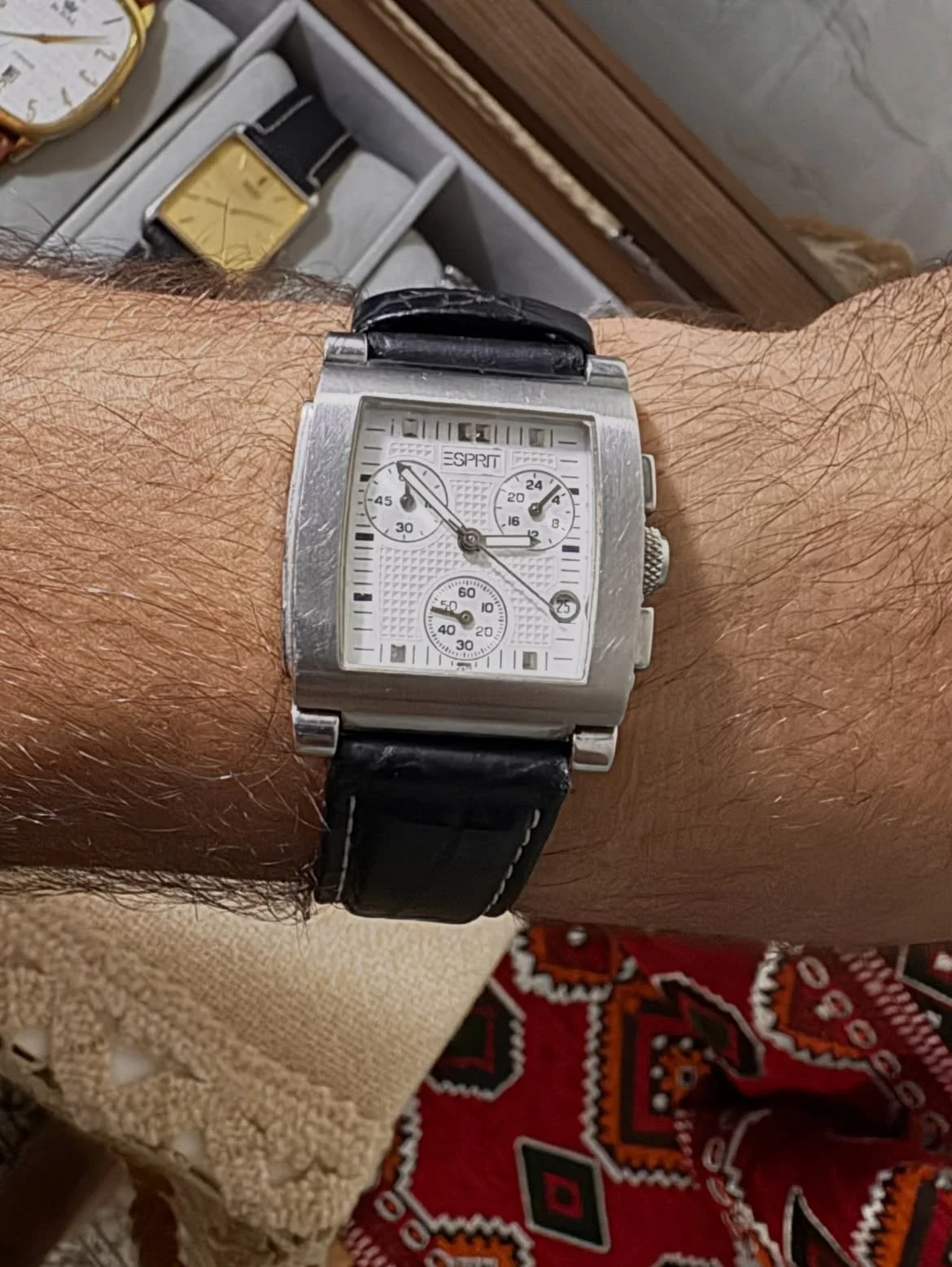 ✅ESPIT✅ Esprit tank chronograph watch featuring a distinctive rectangular stainless steel case and a black leather strap