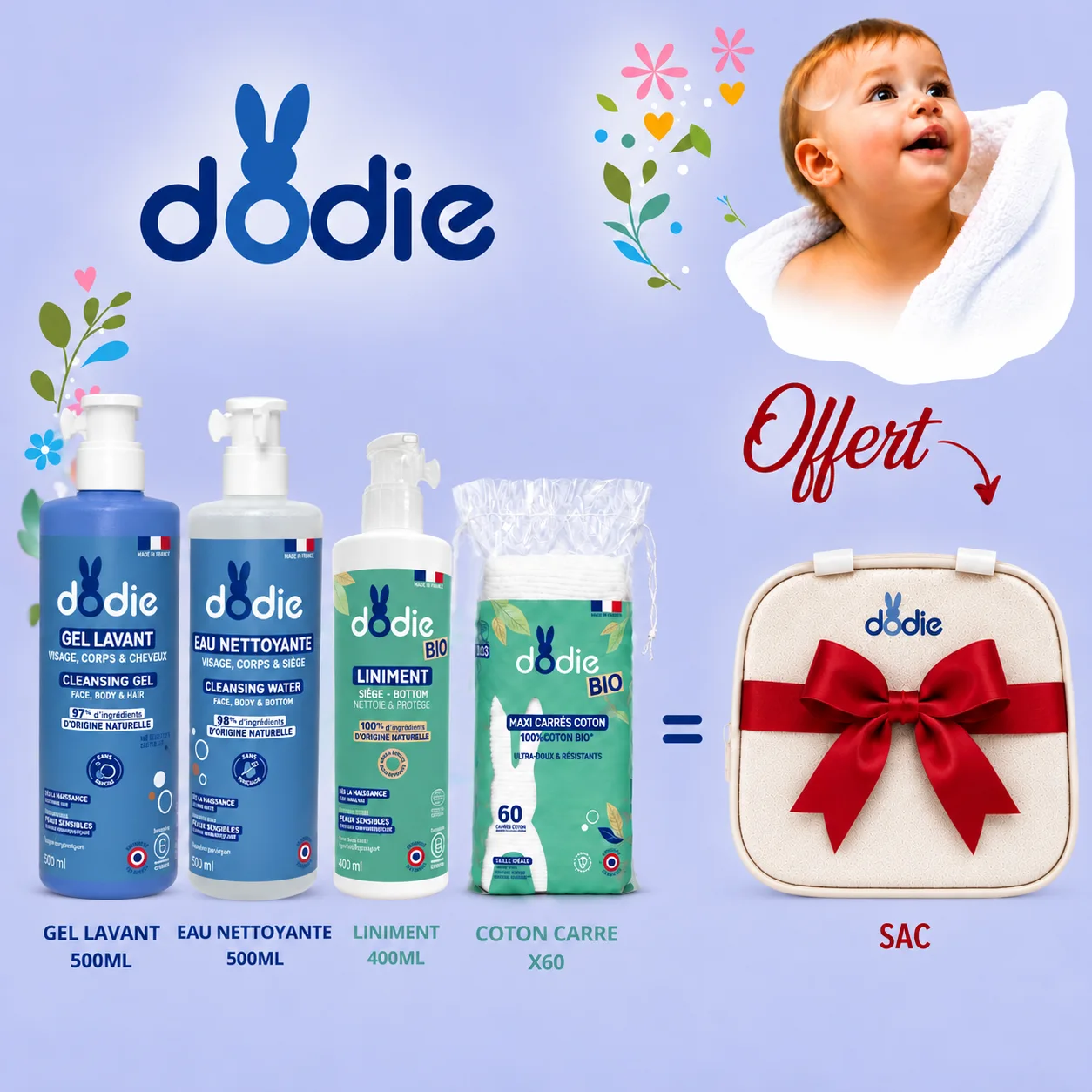 Pack Gel lavant 500 ML Eau nettoyante 500ml Liniment 400ml Carrés Coton & Sac à langer Offert