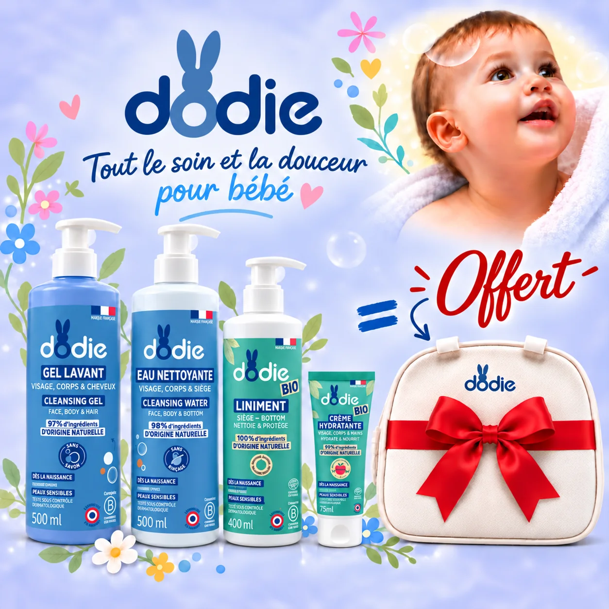 Pack Douceur Bébé Dodie – 4 Soins Essentiels + Sac Offert 🎁