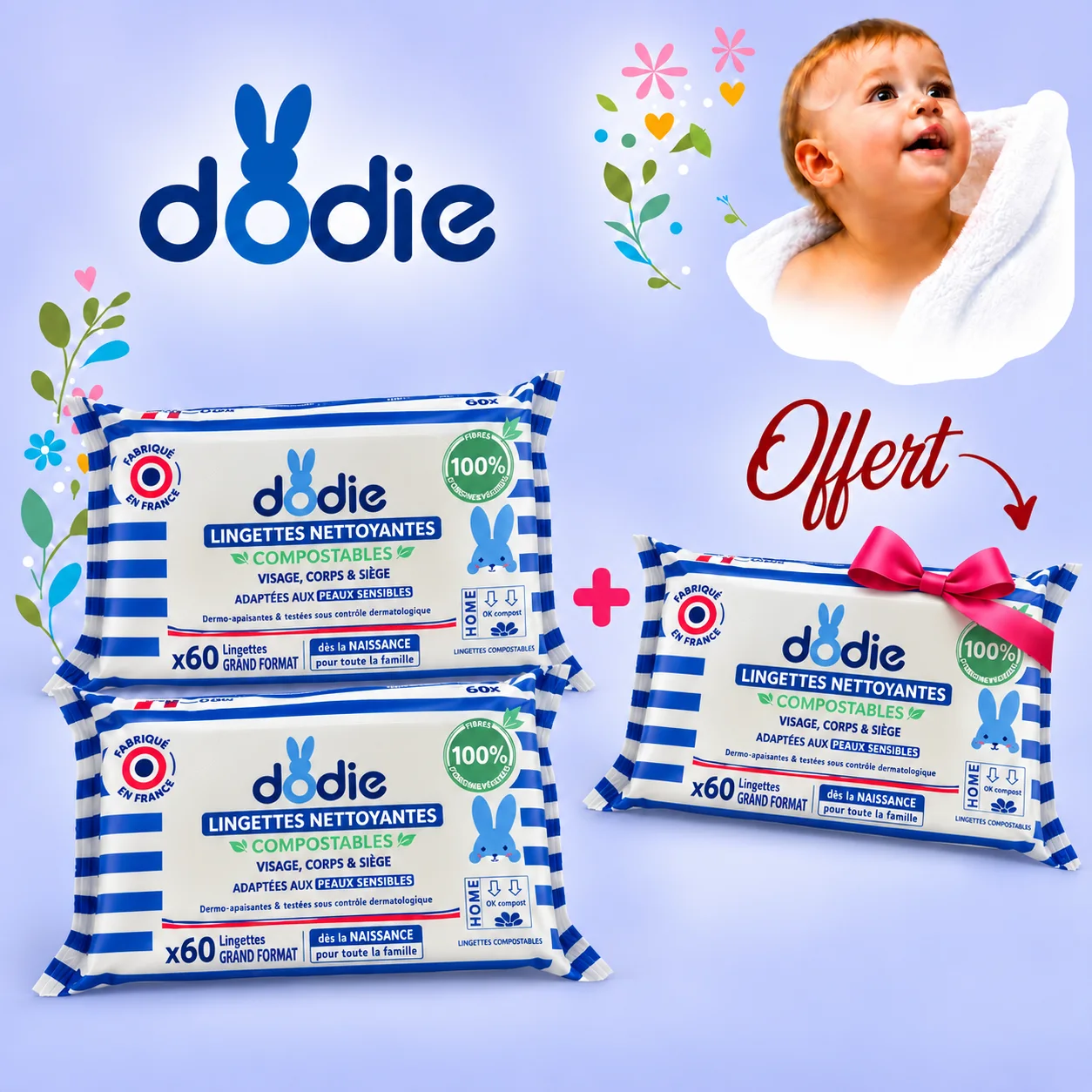Pack Dodie Lingettes Nettoyantes Compostables x60 – 2 Achetées + 1 Offerte