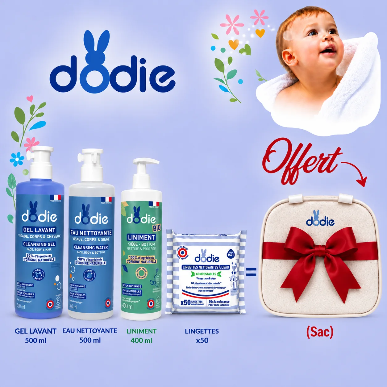 Pack Gel lavant 500 ML Eau nettoyante 500ml Liniment 400ml Lingettes 50 & Sac à langer Offerte