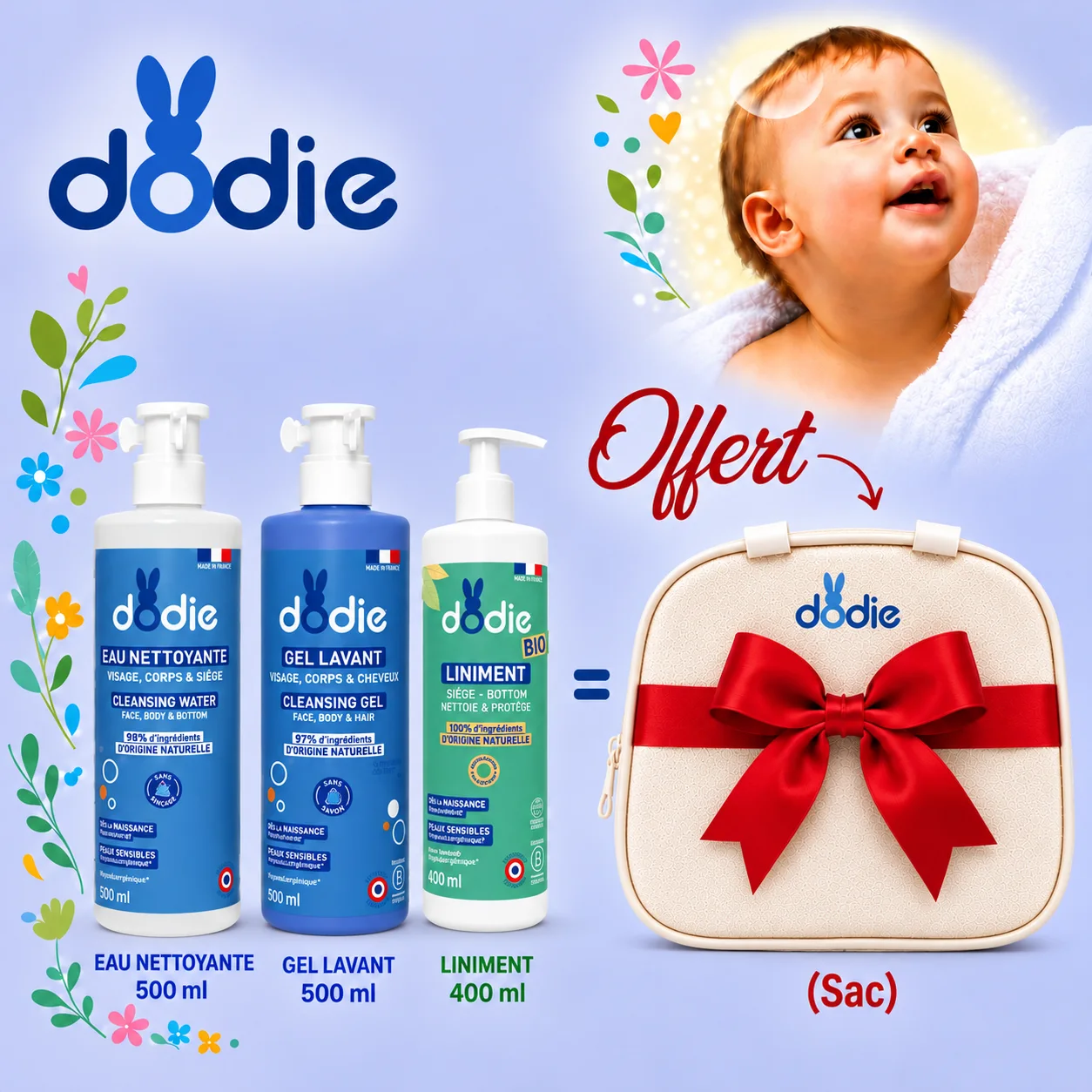 Pack Gel lavant 500 ML Eau nettoyante 500ml Liniment 400ml & Sac à langer Offert