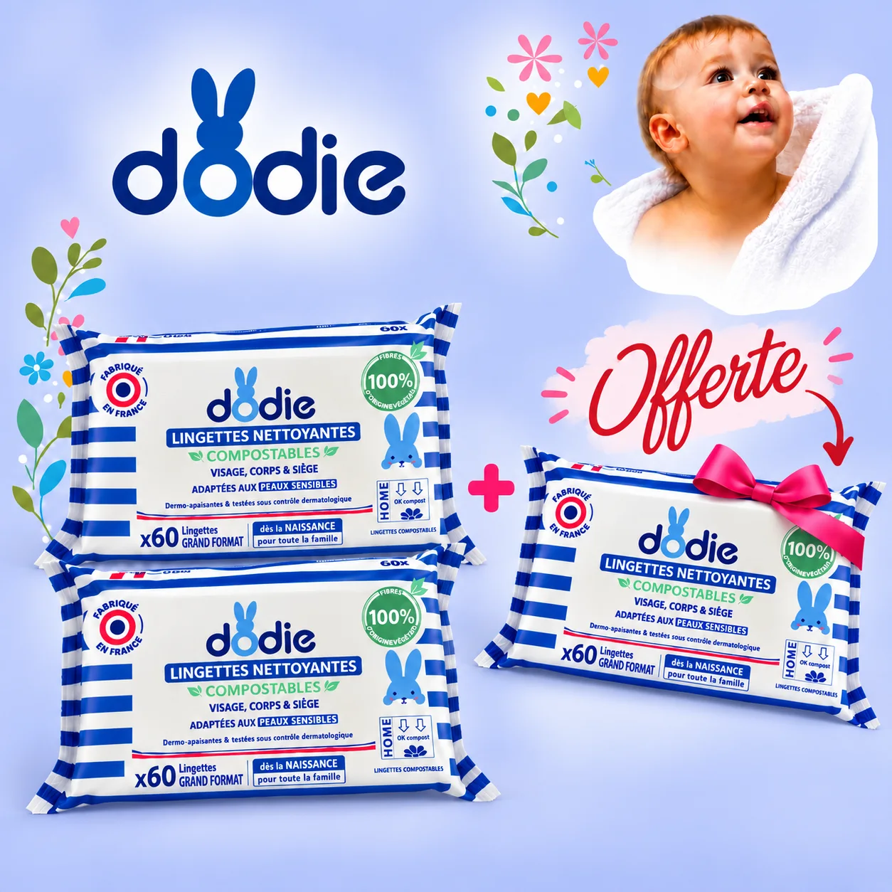 Pack Dodie Lingettes Nettoyantes Compostables x60 – 2 Achetées + 1 Offerte