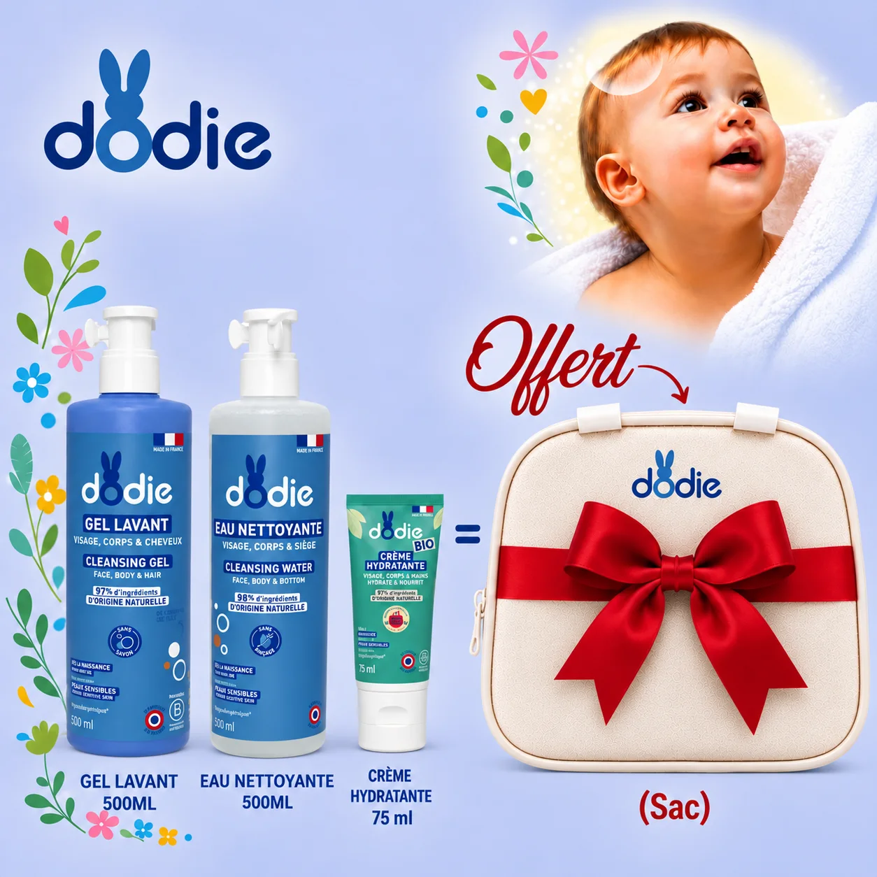 Pack Gel lavant 500 ML Eau nettoyante 500ml Créme Hydratante & Sac à langer Offert