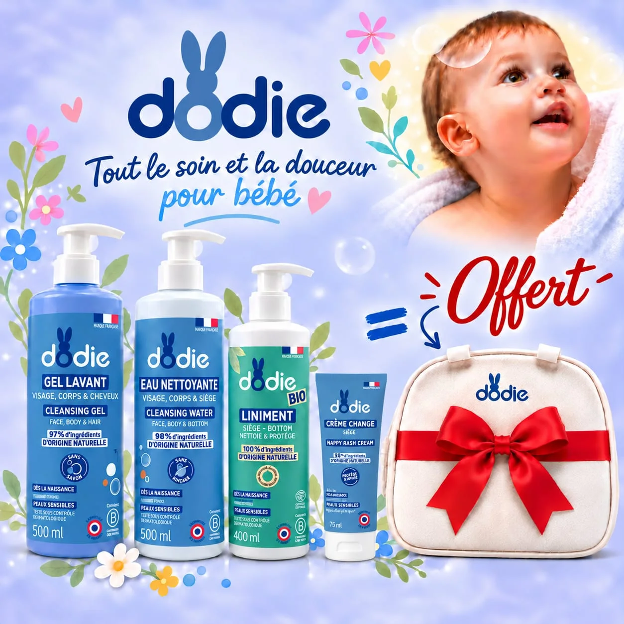 Pack Douceur Bébé Dodie – 4 Soins Essentiels + Sac Offert 🎁