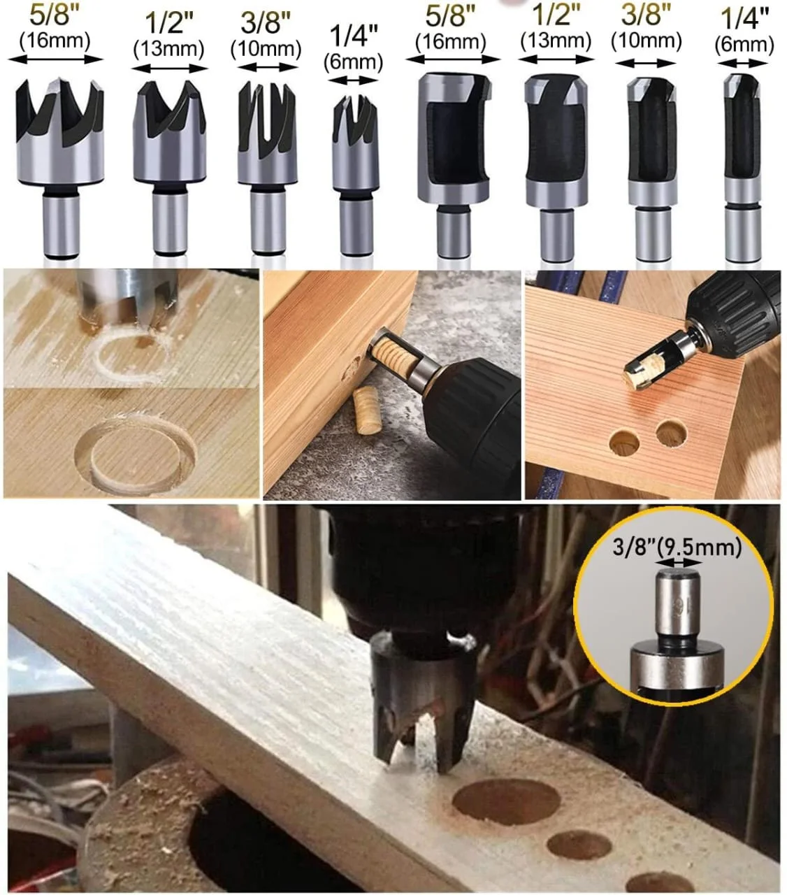 Mèches à Bouchonner et Tenons Bois (8 Pièces)
