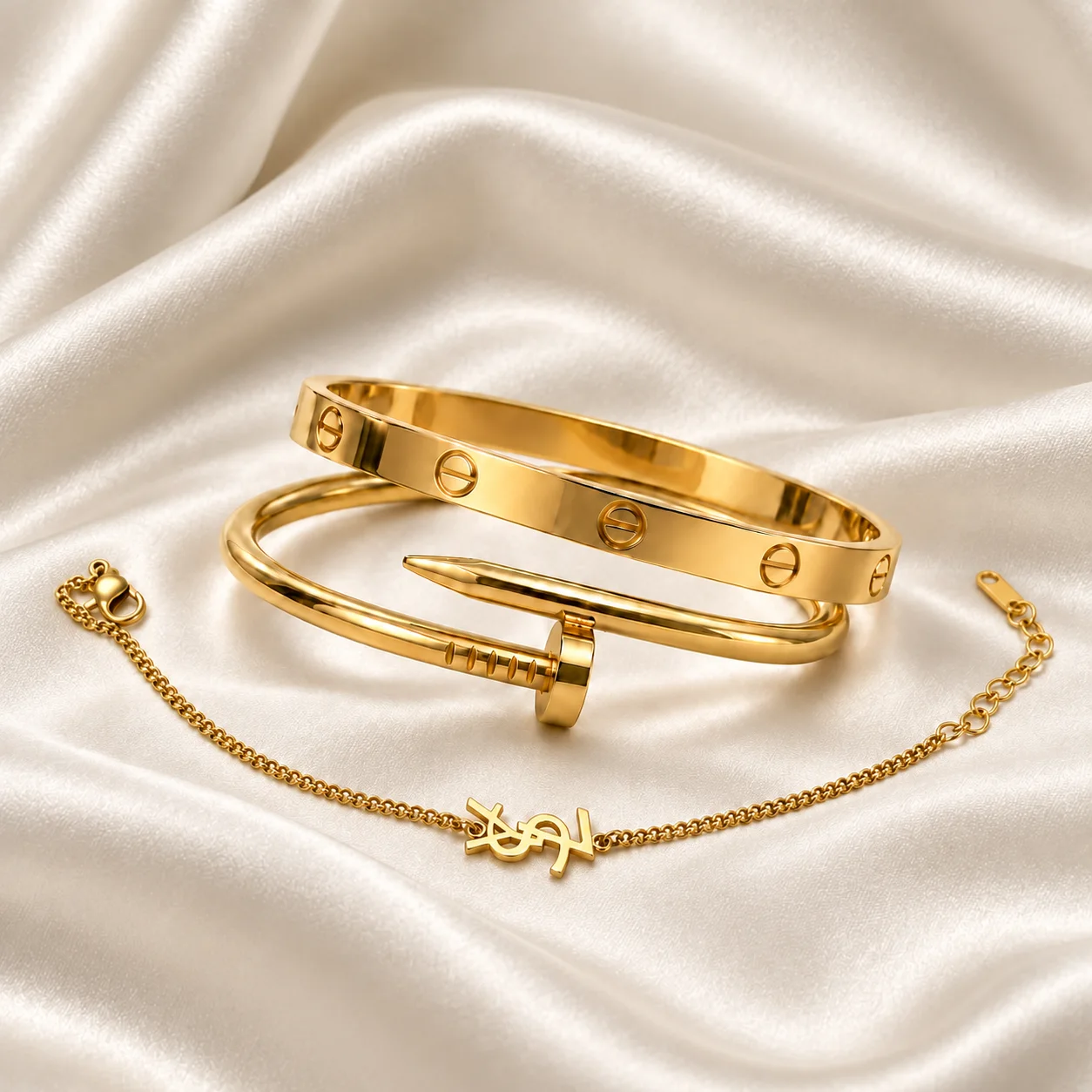 Ensemble Trio Allure – 3 Bracelets Dorés en Acier Inoxydable