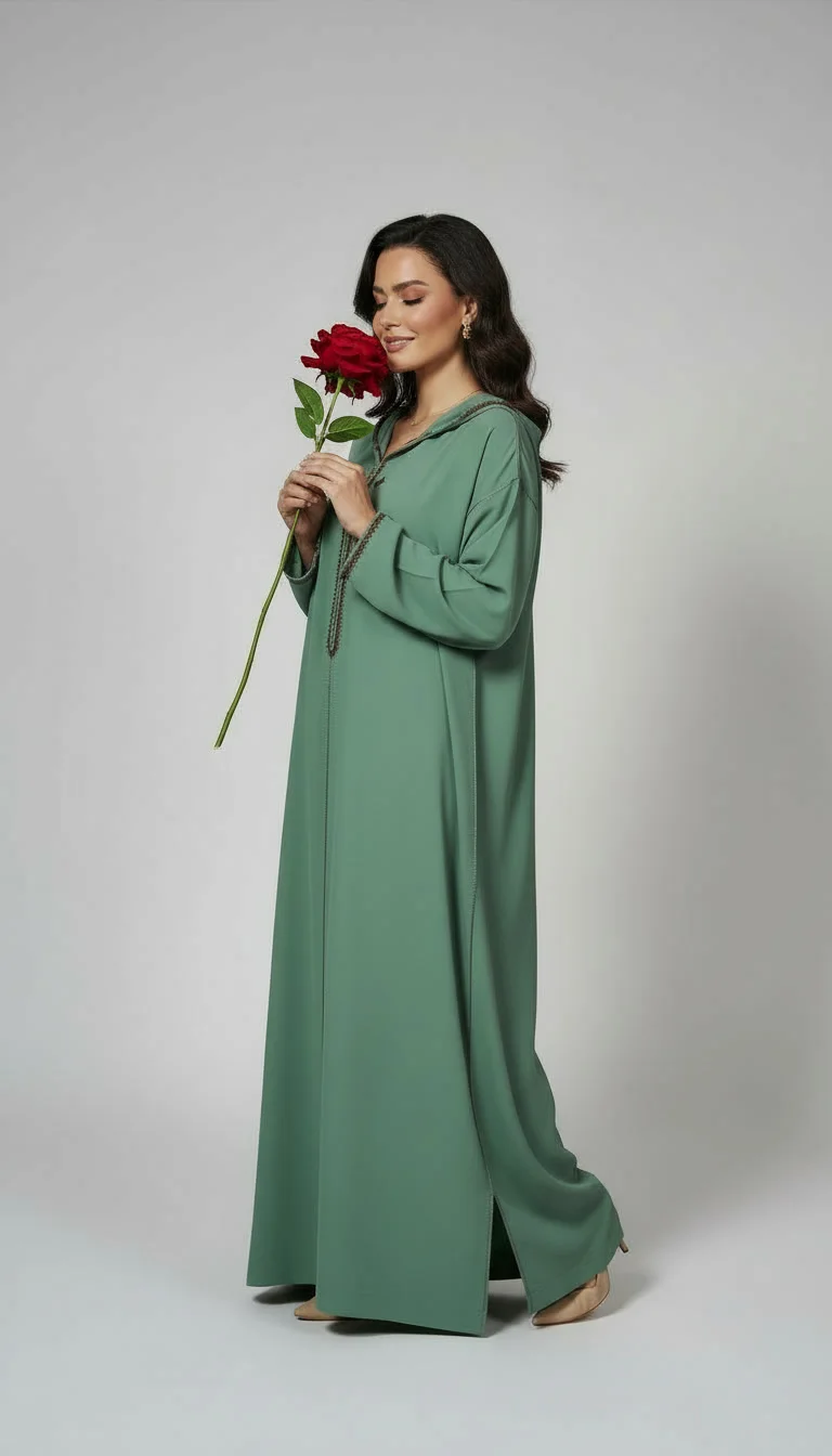 Djellaba Makhzania en Crêpe Rosa – Vert Élégance Royale
