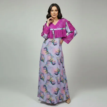 Pyjama Long en Dentelle & Tissu Khayt – Gandoura d'Intérieur Romantique & Élégante