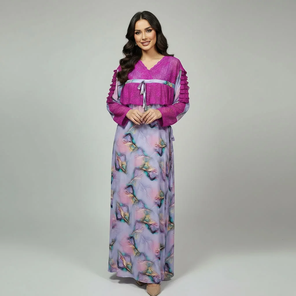 Pyjama Long en Dentelle & Tissu Khayt – Gandoura d'Intérieur Romantique & Élégante