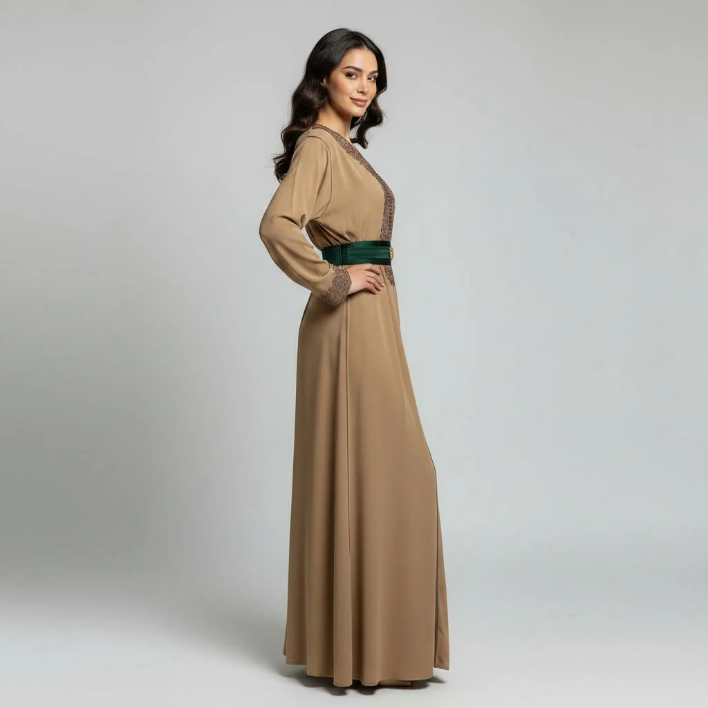 Caftan Moderne avec Ceinture Assortie & Broderies Poitrine