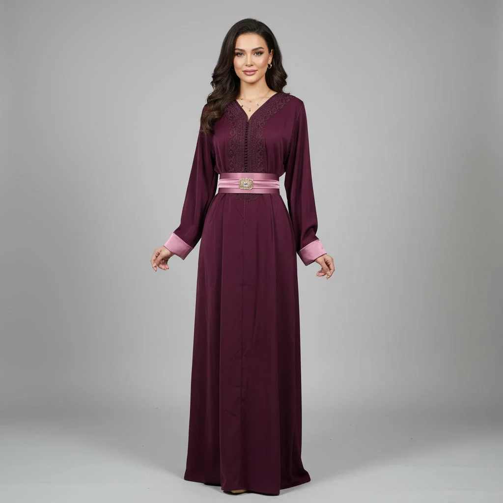 Caftan Moderne avec Ceinture Assortie & Broderies Poitrine