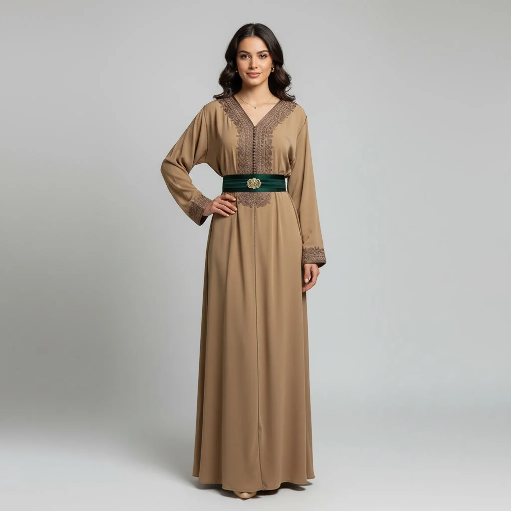 Caftan Moderne avec Ceinture Assortie & Broderies Poitrine