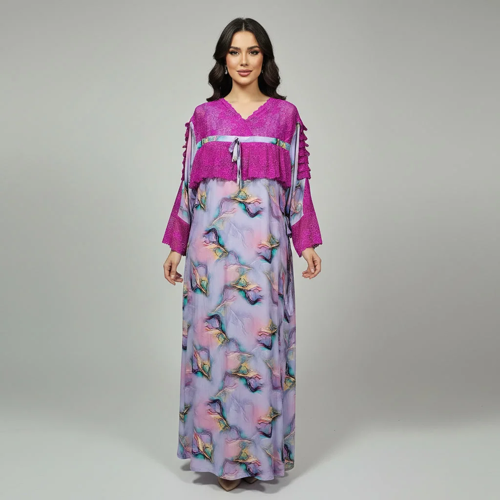 Pyjama Long en Dentelle & Tissu Khayt – Gandoura d'Intérieur Romantique & Élégante