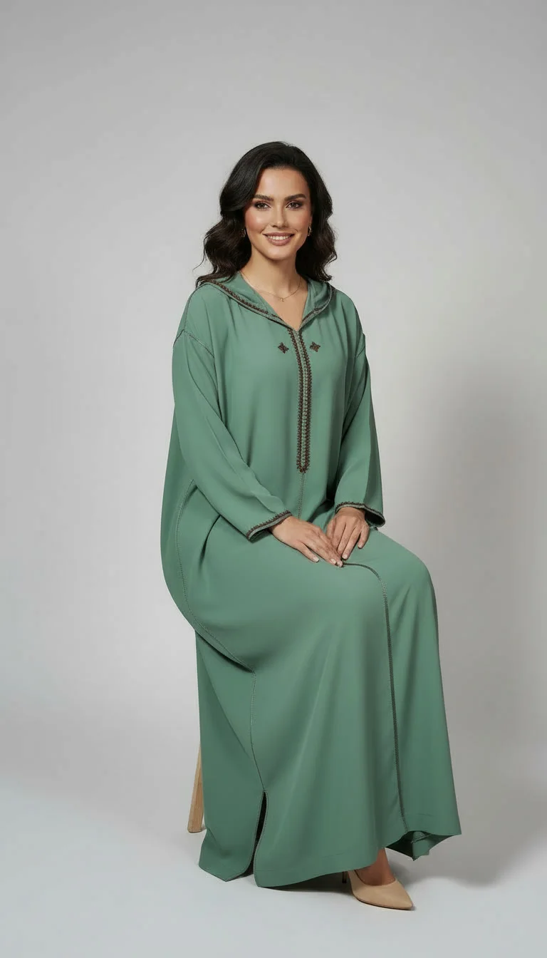 Djellaba Makhzania en Crêpe Rosa – Vert Élégance Royale