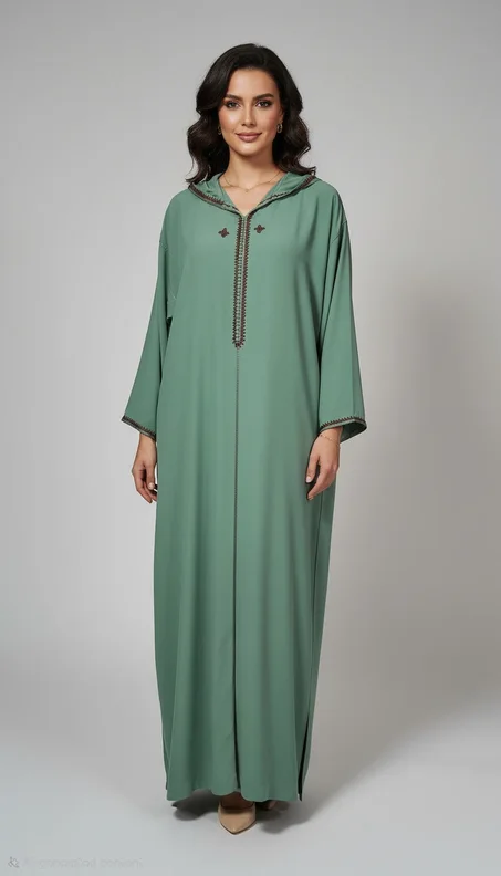 Djellaba Makhzania en Crêpe Rosa – Vert Élégance Royale