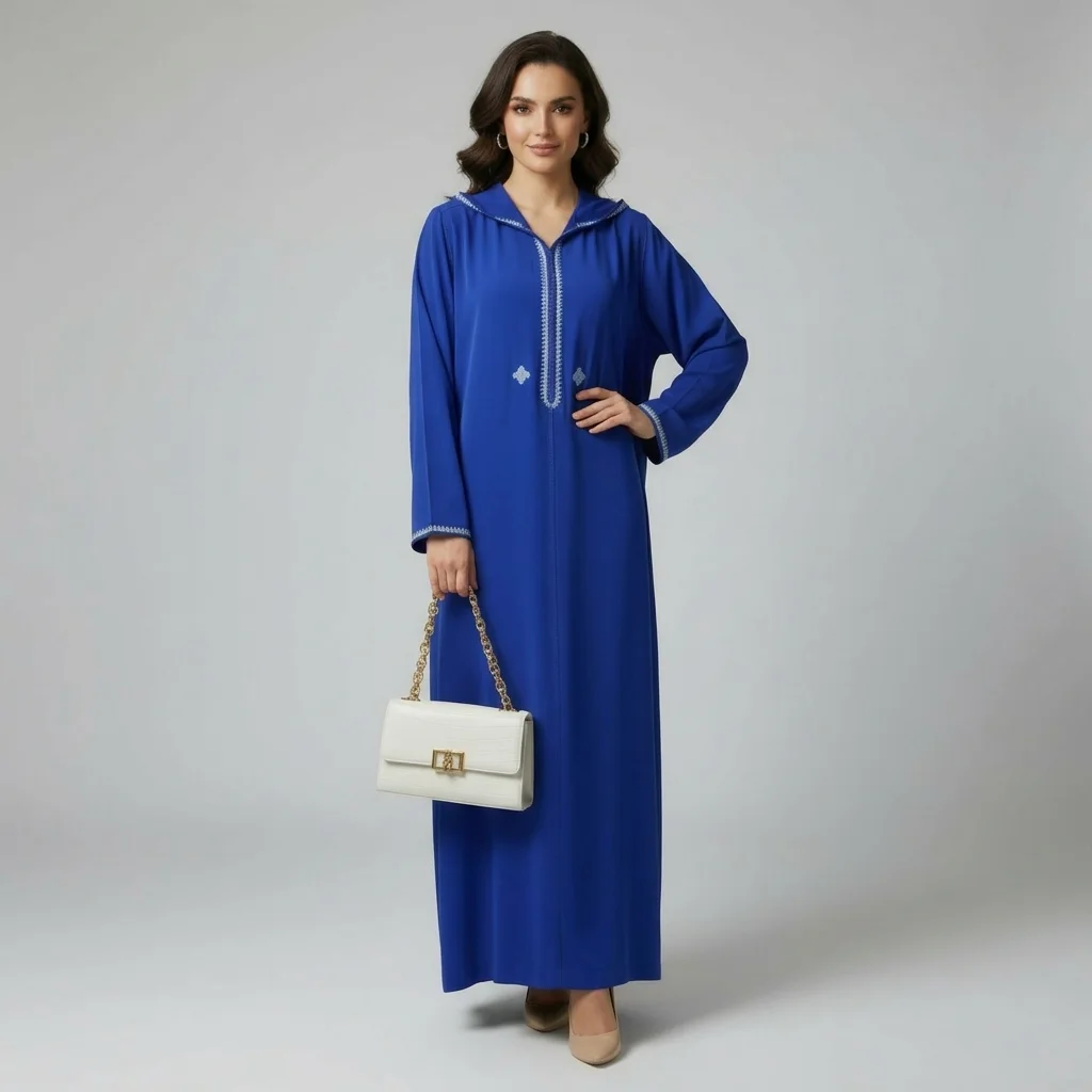 Djellaba Élégante en Crêpe Rosa – Bleu Royal