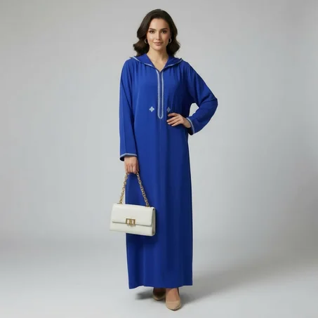 Djellaba Élégante en Crêpe Rosa – Bleu Royal