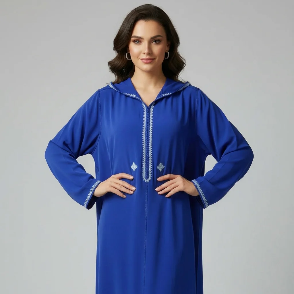 Djellaba Élégante en Crêpe Rosa – Bleu Royal