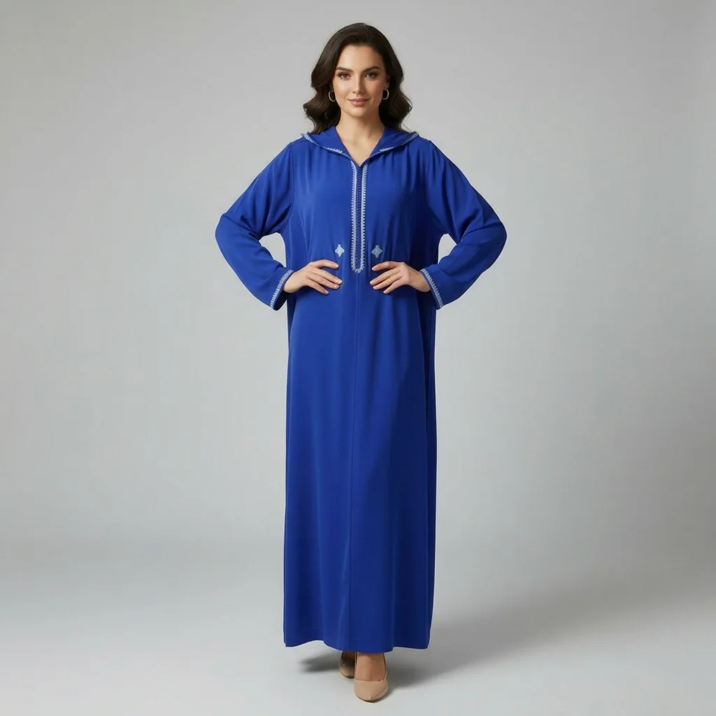 Djellaba Élégante en Crêpe Rosa – Bleu Royal