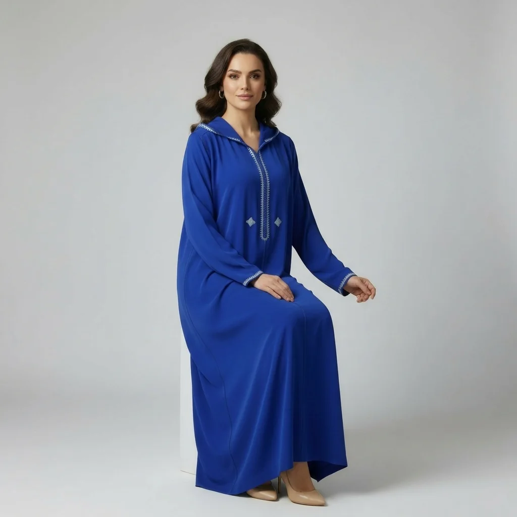 Djellaba Élégante en Crêpe Rosa – Bleu Royal
