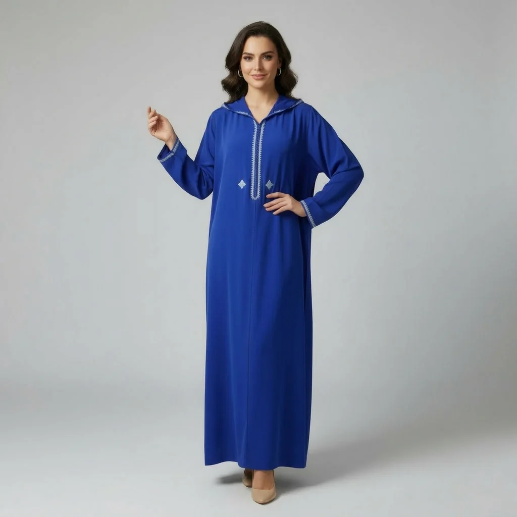 Djellaba Élégante en Crêpe Rosa – Bleu Royal