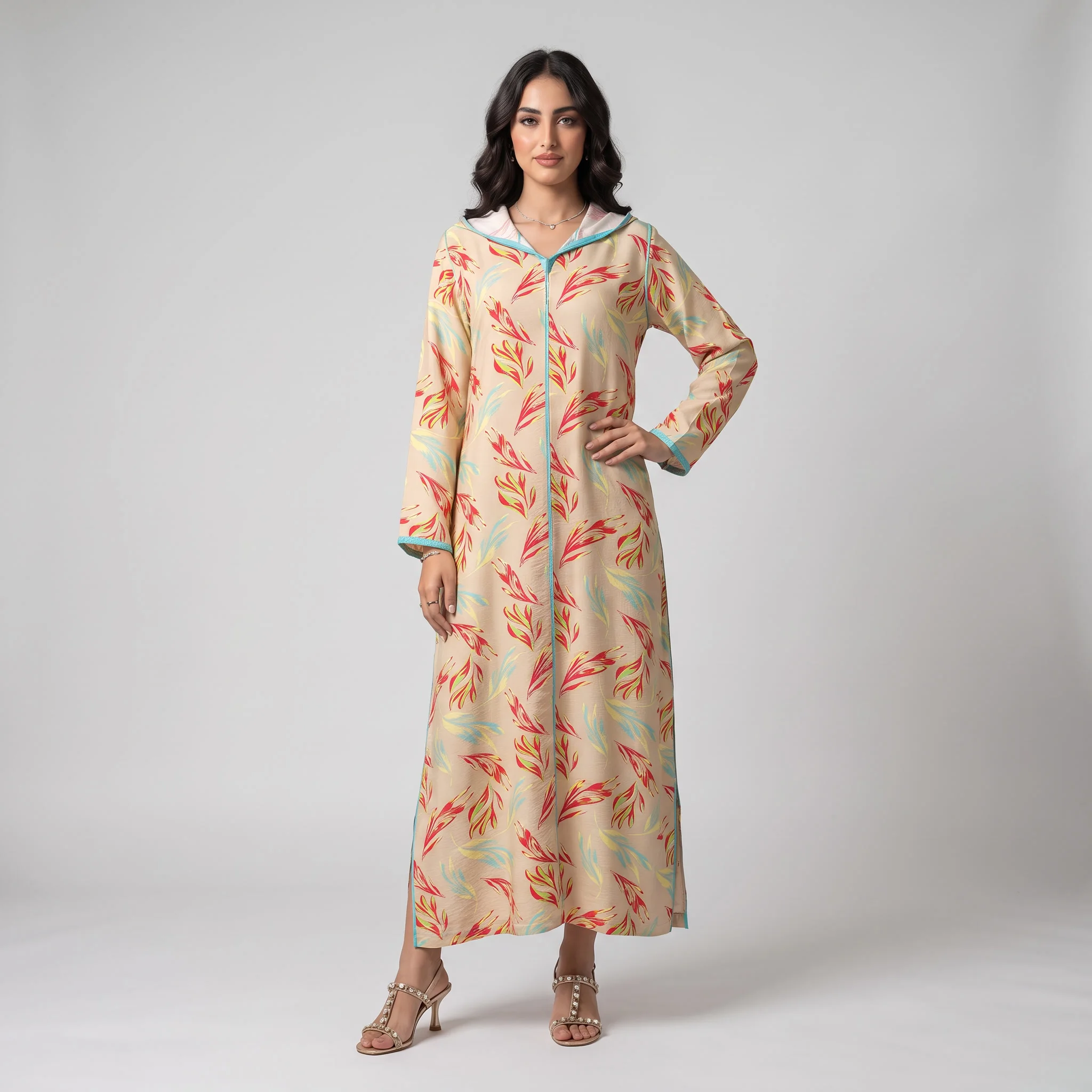 Djellaba Moderne en Lin-Viscose Imprimée – Style Tradition-Chic & Tissu Ultra-Fluide
