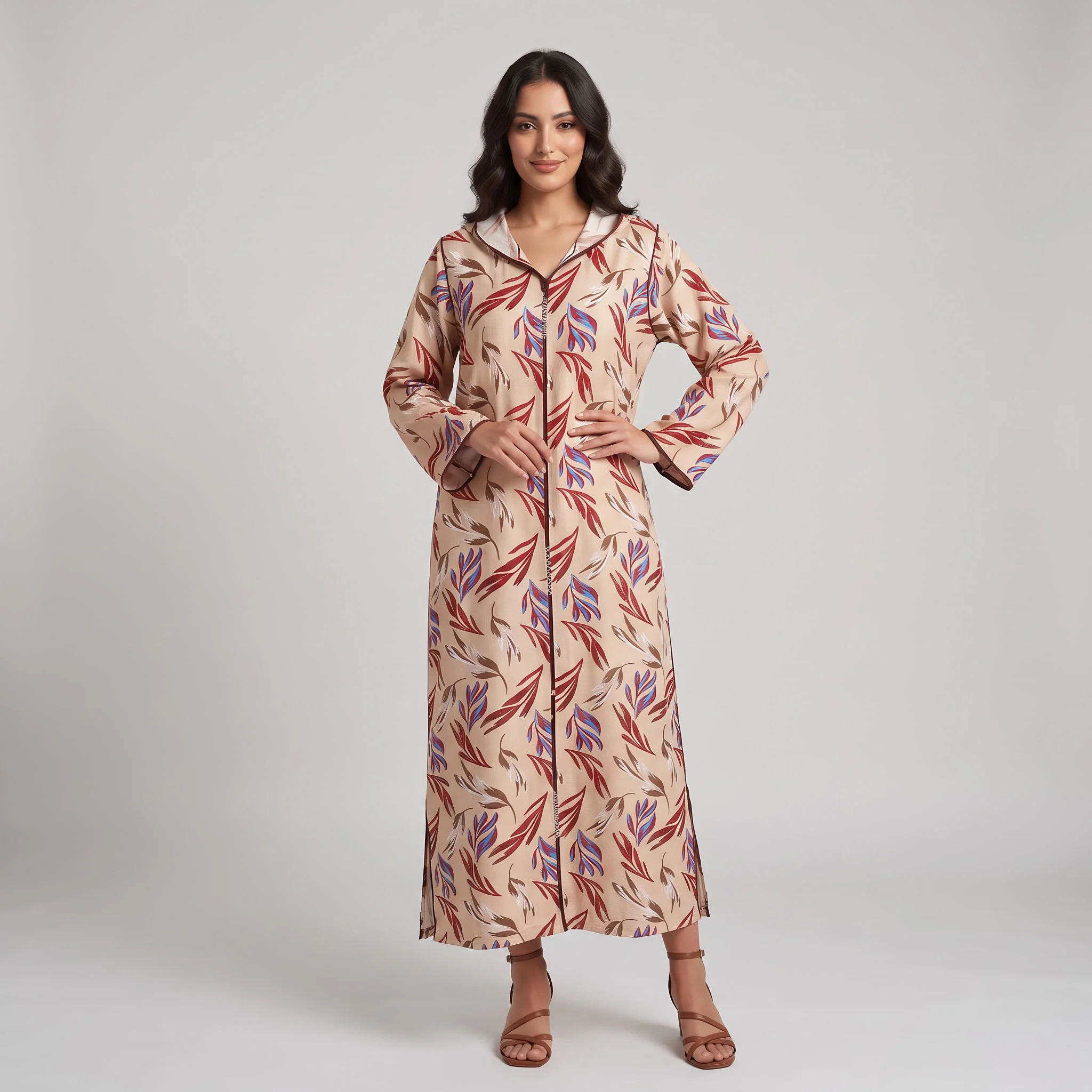 Djellaba Moderne en Lin-Viscose Imprimée – Style Tradition-Chic & Tissu Ultra-Fluide