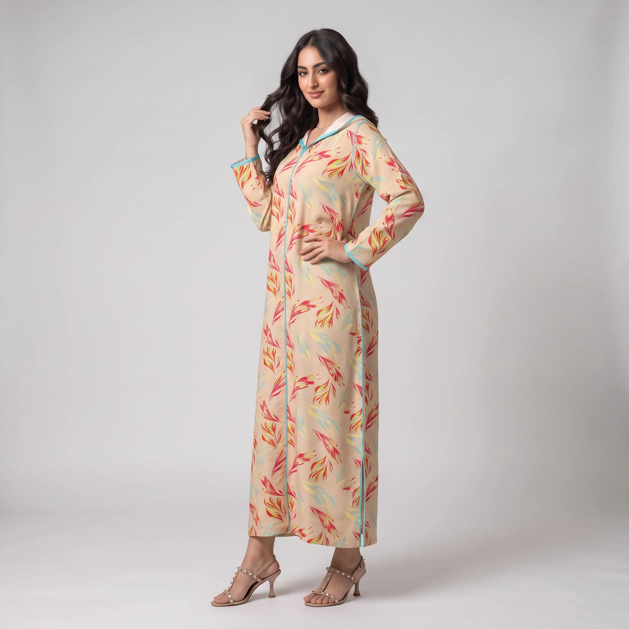 Djellaba Moderne en Lin-Viscose Imprimée – Style Tradition-Chic & Tissu Ultra-Fluide
