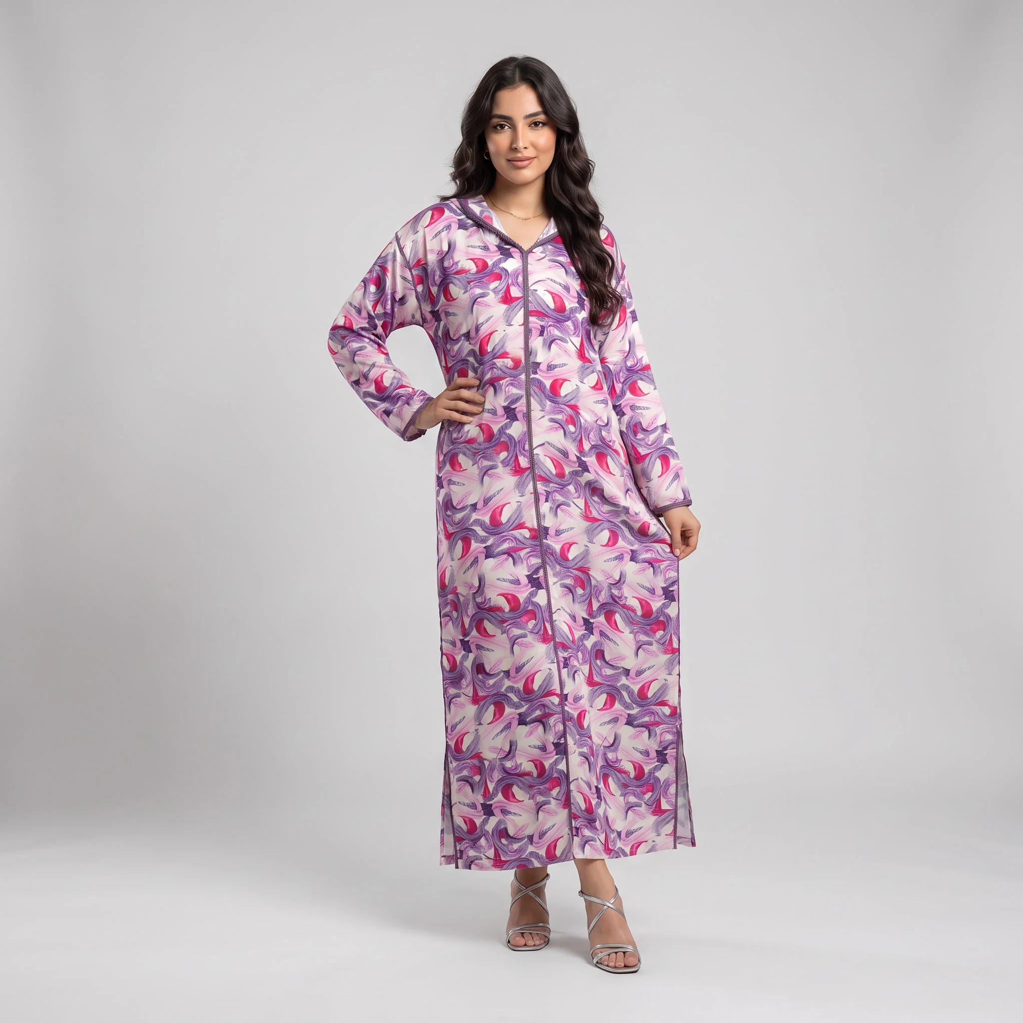 Djellaba Moderne en Lin-Viscose Imprimée – Style Tradition-Chic & Tissu Ultra-Fluide