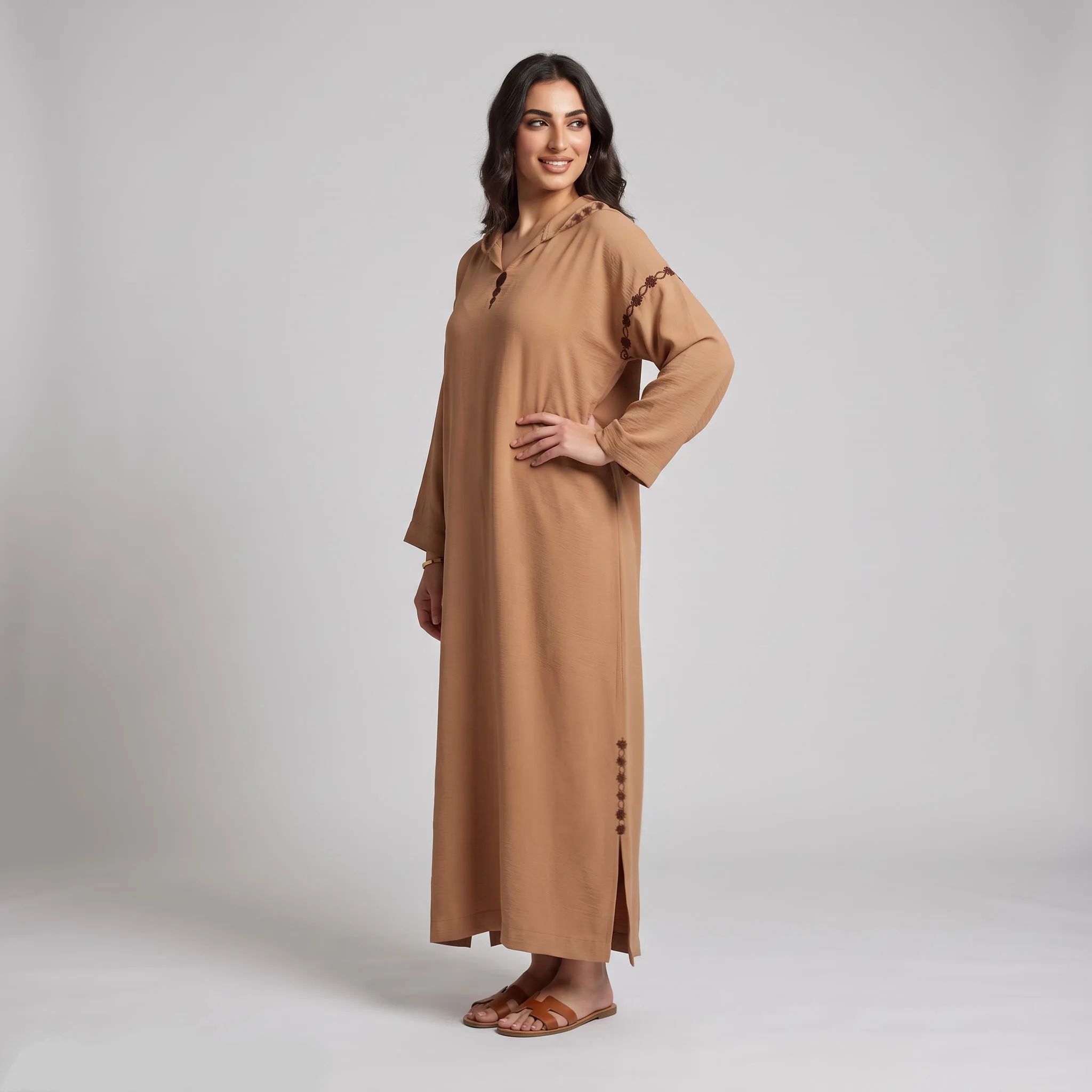 Djellaba Tabac en Crêpe Froissé
