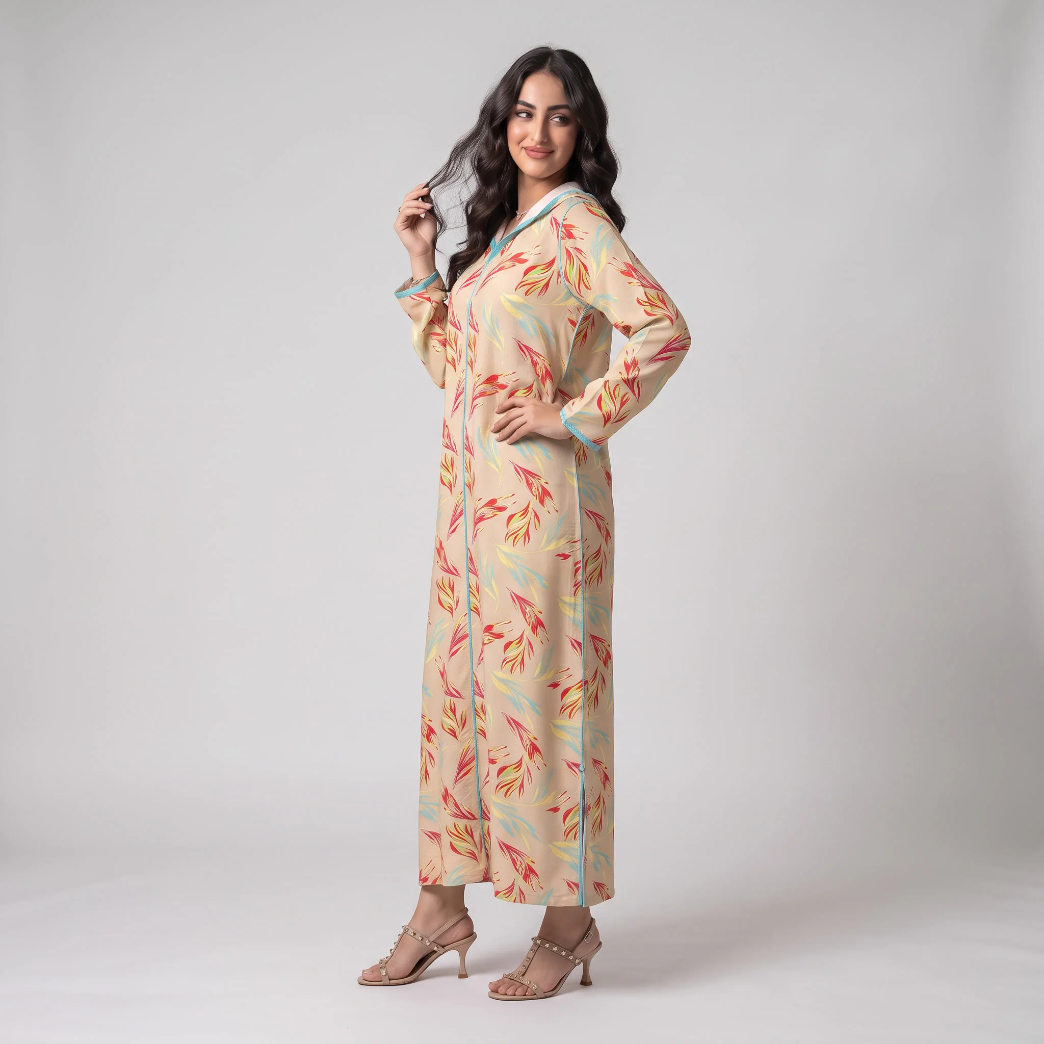 Djellaba Moderne en Lin-Viscose Imprimée – Style Tradition-Chic & Tissu Ultra-Fluide