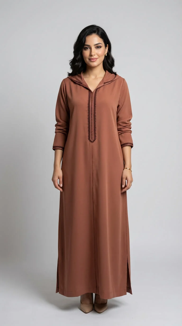 Djellaba Élégante en Crêpe Rosa – Marron Chic