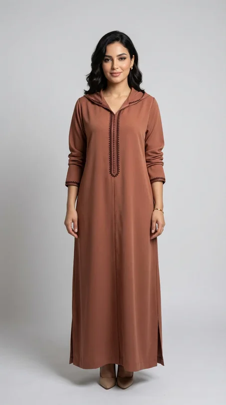 Djellaba Élégante en Crêpe Rosa – Marron Chic