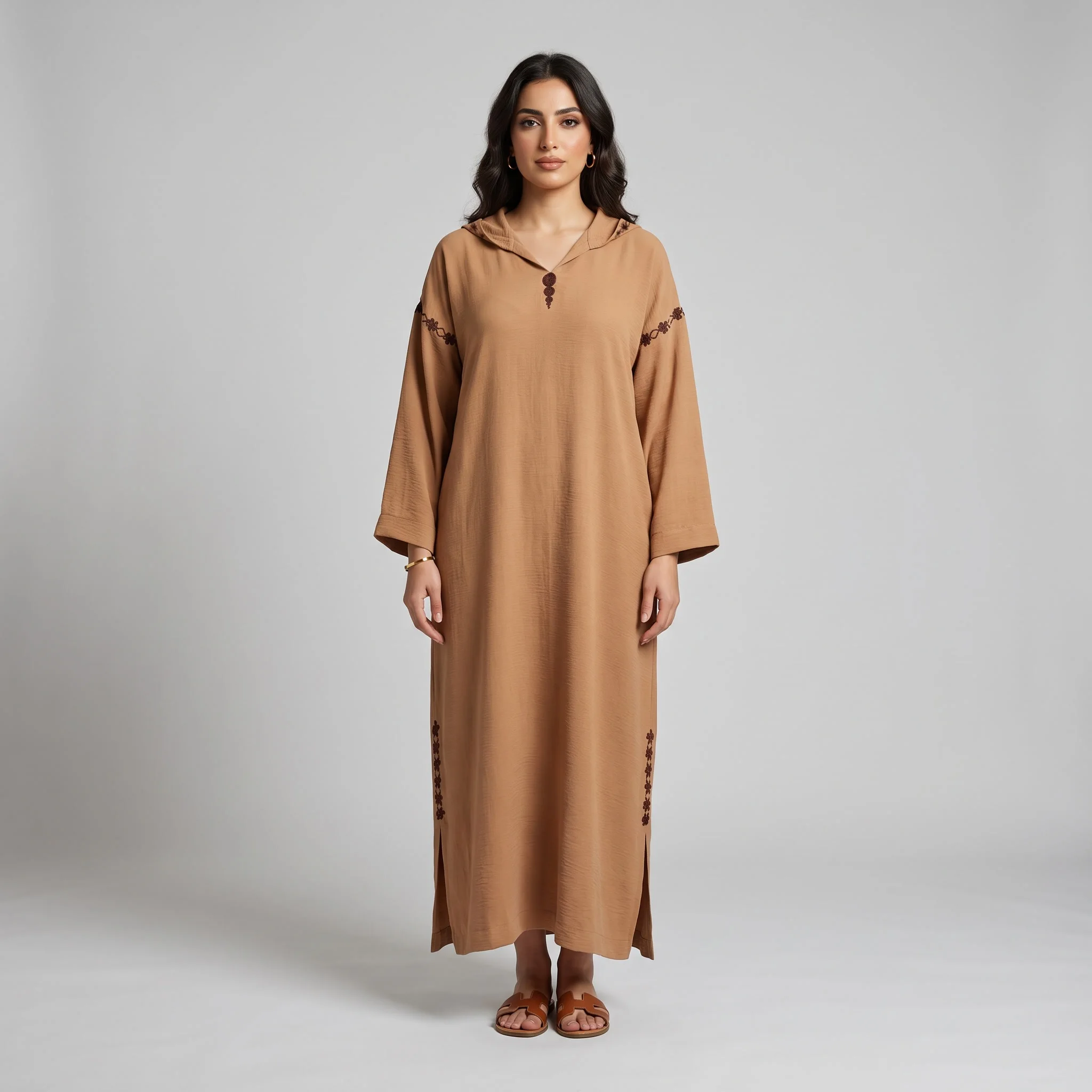 Djellaba Tabac en Crêpe Froissé