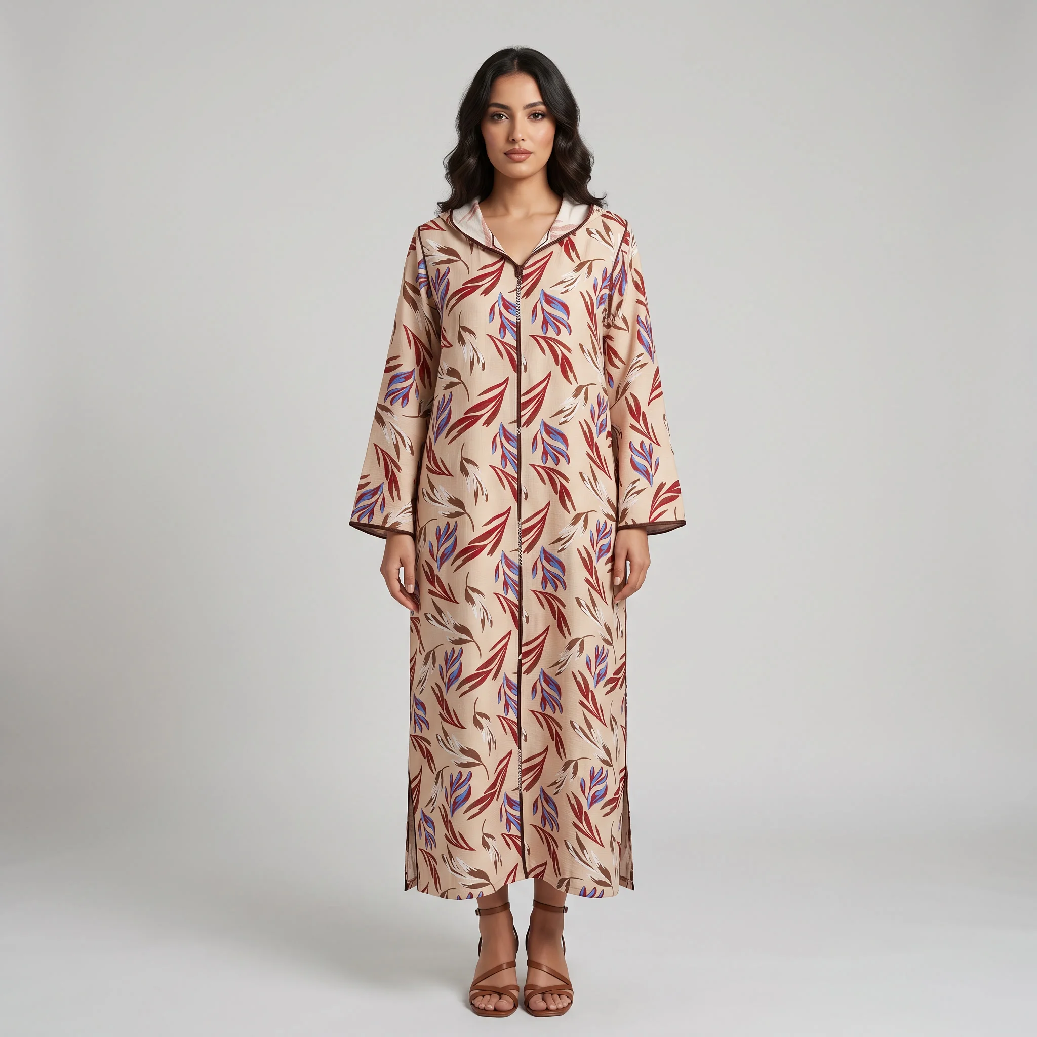Djellaba Moderne en Lin-Viscose Imprimée – Style Tradition-Chic & Tissu Ultra-Fluide