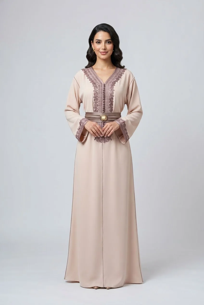 Caftan Moderne avec Ceinture Assortie & Broderies Poitrine