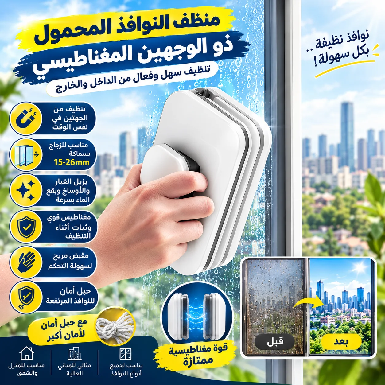 منظف النوافذ المحمول ذو الوجهين المغناطيسي