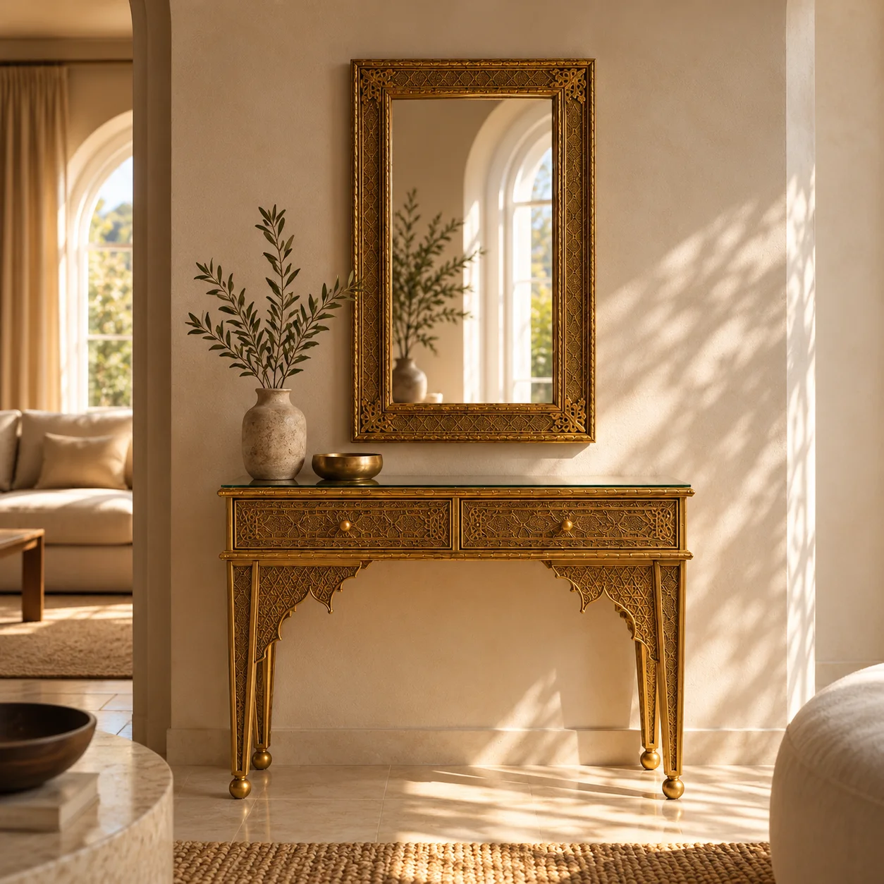 Console & Miroir – Cuivre Ciselé Artisanal