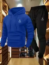 طقم رجالي كاجوال من قطعتين (هودي وبنطال طويل بجيوب)