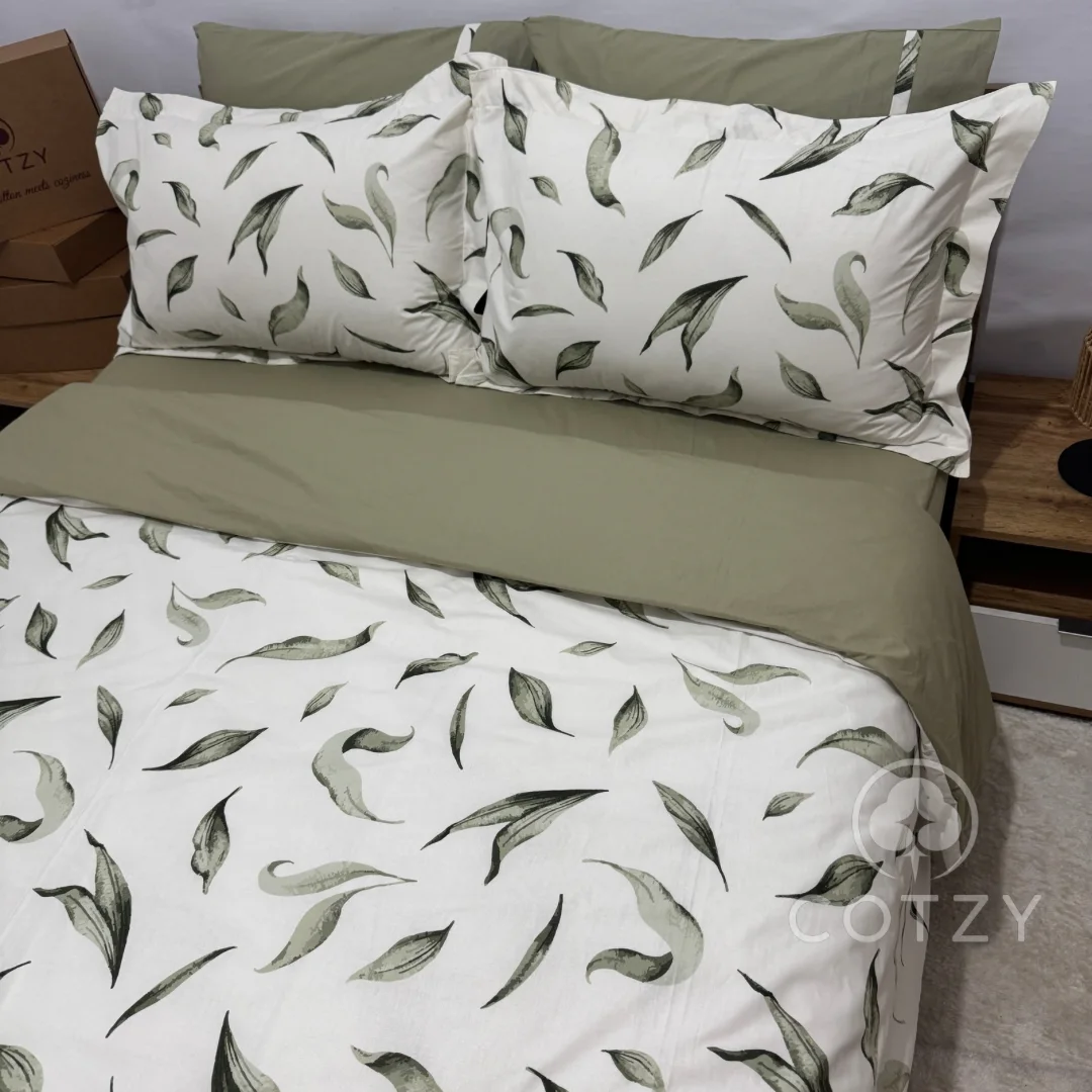 Parure housse de couette "Green Leaf" 100% coton Oeko-Tex - 2 places